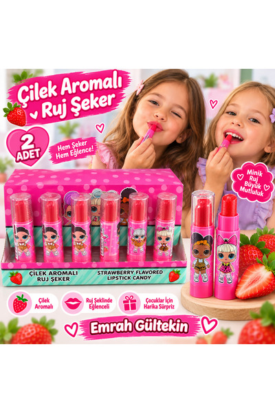 Emrah Gültekin 2 Adet Çilek Aromalı Ruj Şeker Oyuncak Şeker Dudak Şekilli Eğl...