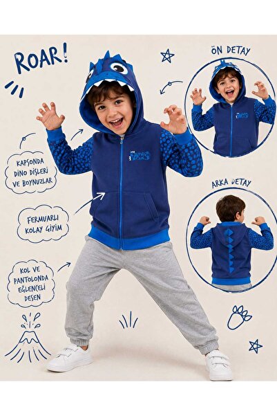 ByMisa Store Erkek Çocuk Dinozor Desenli Fermuarlı Kapüşonlu Sweatshirt