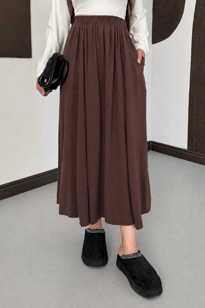 Moda Neval Women's Elastic Waist Pocketed Tencel Fabric Long Flared Skirt