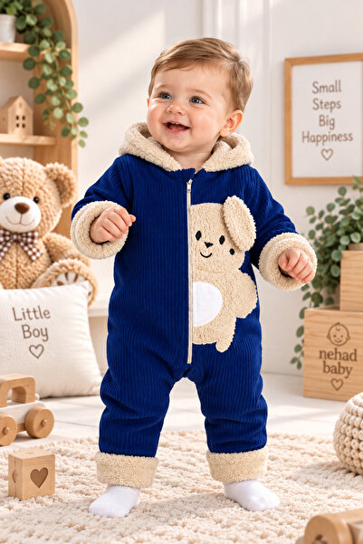 Nehad Bebe Baby Boy Welsoft Jumpsuit with Hood and Zipper, Plush Detailed, Na...