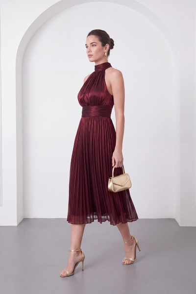 Lafaba Women's Burgundy Halter Neck Shiny Fabric Midi Evening Dress