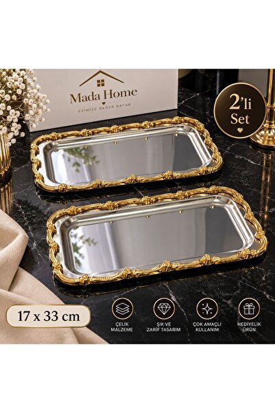 Mada Home 2’li Büyük Çelik Dikdörtgen Gold Çerçeveli Servis Sunum Tepsisi 17x...