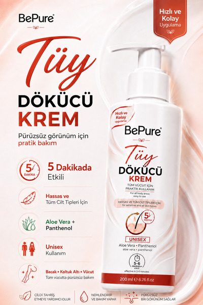 Bepure Tüy Dökücü Krem, Hassas ve Tüm Cilt Tipleri için Beyazlatma Etkili Tüy...