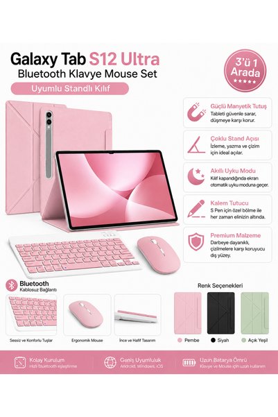 EHZ TEKNOLOJİ Galaxy Tab S12 Ultra Uyumlu Bluetooth Klavye Mouse Seti Standlı...