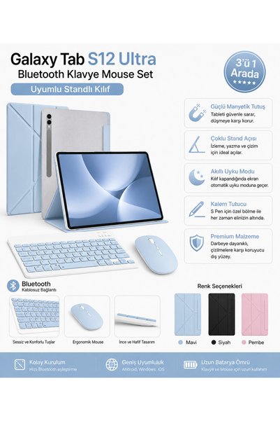 EHZ TEKNOLOJİ Galaxy Tab S12 Ultra Uyumlu Bluetooth Klavye Mouse Seti Standlı...