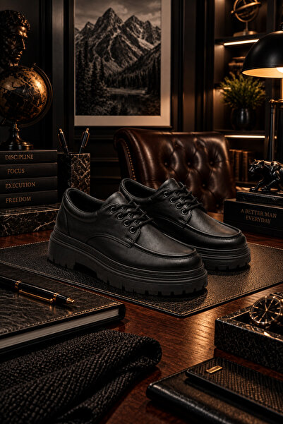 Lucy Shoes YG-13 Erkek Günlük Bağcıklı Lüks Deri Loafer Ayakkabı CST - Siyah