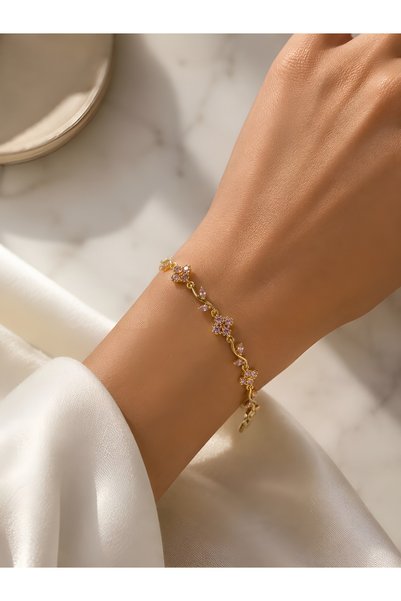 Ayzida Gold Pink/Lilac Zircon Stone Thin Floral Ivy Bracelet