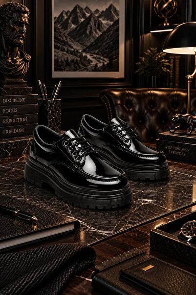 Lucy Shoes YG-13 Erkek Günlük Bağcıklı Lüks Rugan Loafer Ayakkabı RST - Siyah