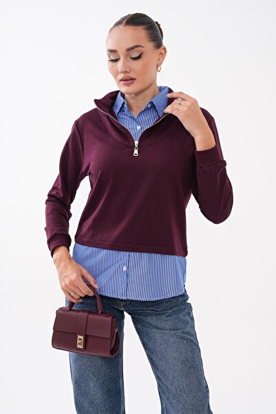 DazzUp Women's Shirt Collar Look Zippered Sweatshirt