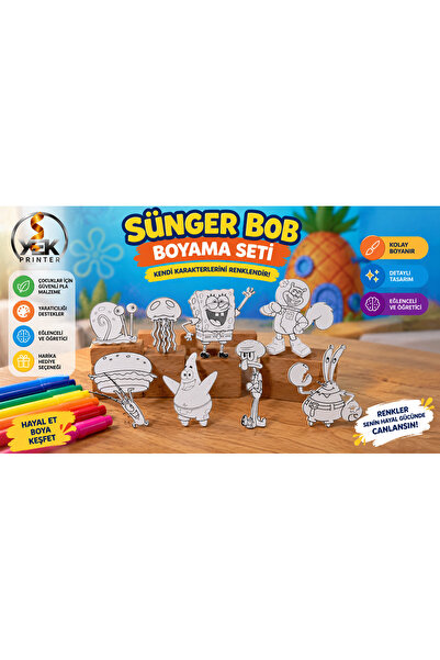 YEK Printer 8 Parça Sünger Bob Temalı Boyama Seti Çocuklar İçin Yaratıcı Akti...