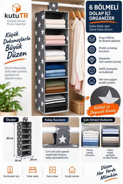 kutuTR 6 Bölmeli Dolap İçi Askılı Organizer Kumaş Raf Düzenleyici 82x28x16 cm...
