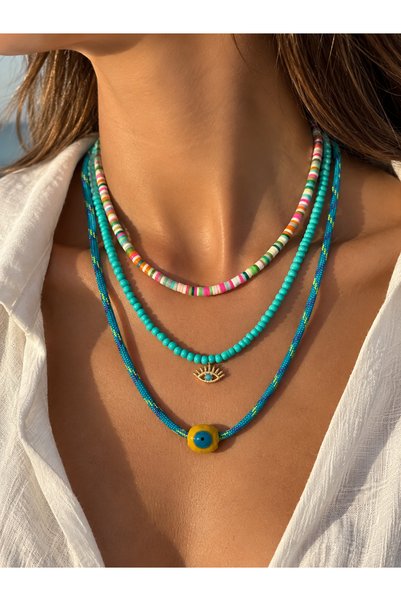 DeNors Colorful Evil Eye Beaded 3-Piece Necklace Set – Turquoise Beads, Colorful Disc and Braided String Necklace – Summer Layered Necklace Combination