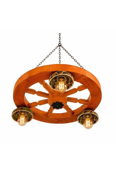 OEM Candelabru rustic din lemn masiv, tip roată de carucior - 3 becuri, culoa...