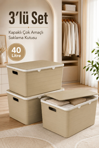 Funny Life 3-Piece 40 L Storage Box with Lid Multi-Purpose Plastic Organizer ...
