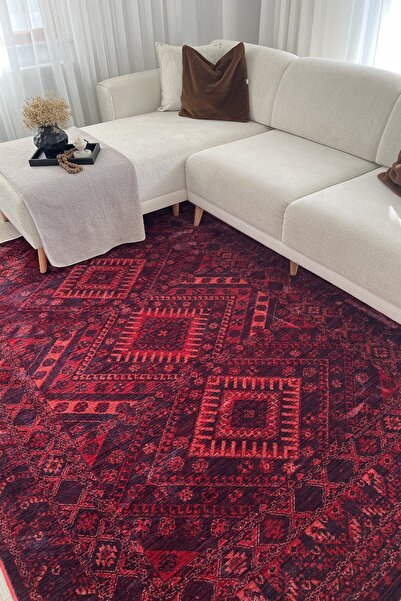 VOPTEKS Kırmızı Vintage Halı Salon Halısı Kolay Temizlenebilir Dokuma Taban Halı