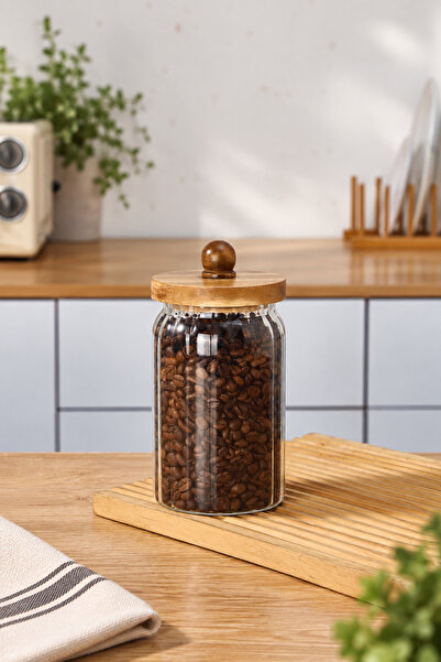 welcomein Acacia Lid Borosilicate Striped Glass Jar Medium Size – Coffee, Leg...