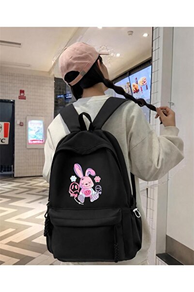 Minga London Black Rabbit Pink Printed School, Class, Course Backpack