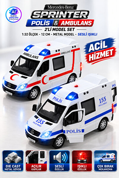 YILDIRIM OYUNCAK Die Cast Mercedes-Benz Sprinter Polis Ambulans 2’li Set 12cm – 1:32 Ölçek Sesli Işıklı Açılır Kapılı Çek Bırak Metal Model Araba