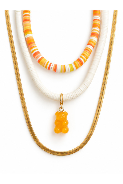 DeNors Orange & White Necklace Set – Colorful Beads, Teddy Bear Figure & Gold Chain Necklace – Layered Summer Necklace Combination