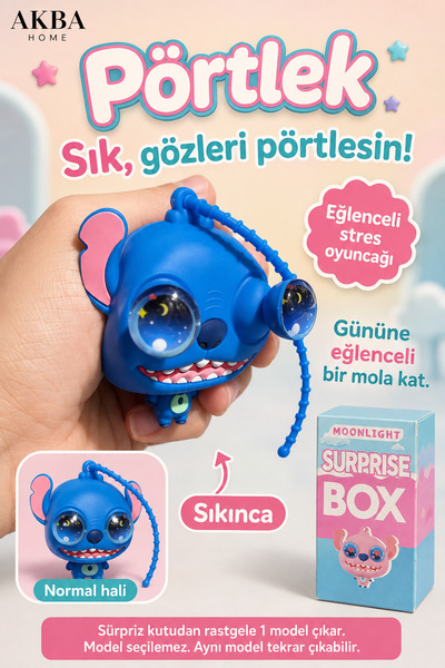 AKBA HOME Pörtlek Sevimli Kutulu Stres Oyuncağı Sıkınca Gözleri Pörtleyen Fig...