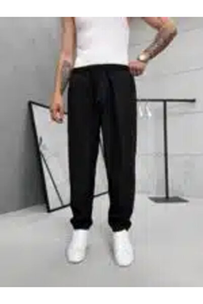 Premium İmzalı Seri Rahat Kalıp Keten Jogger Pantolon - Siyah
