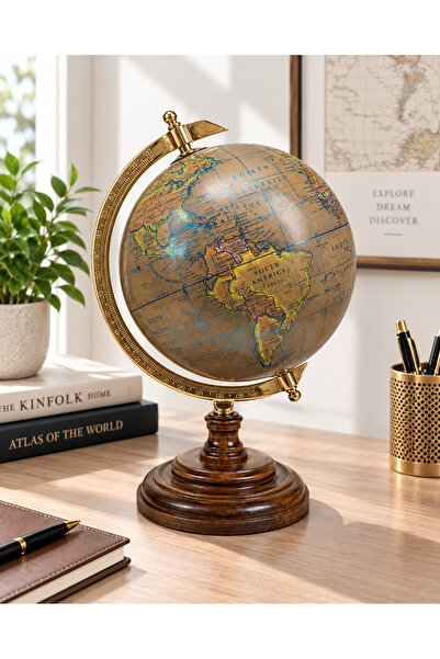 AYDINARTSHOP Dekoratif Dünya Küre Ahşap Kaideli – Gold Detaylı Vintage Masaüs...