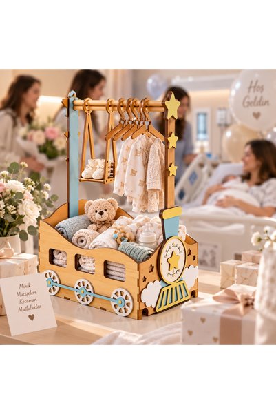 TİNY WONDERS TOY STORE Yenidoğan Bebek Hediye Kasası Ahşap Askılı Hediye Kutusu Tren Temalı Bebek Kıyafet Sunum Kasası Doğum Hediyesi