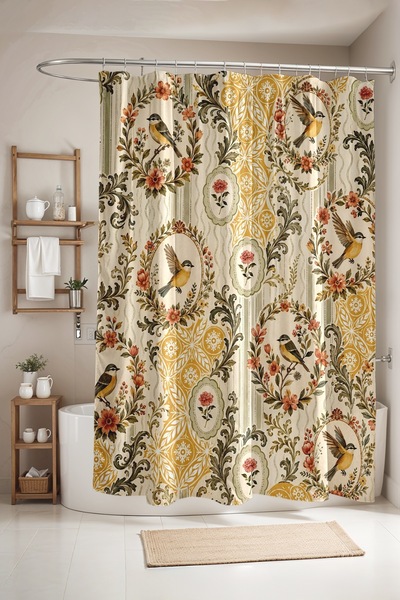 EVPANYA Yellow Floral Embroidered Birds Patterned Bathroom Curtain, Shower Cu...