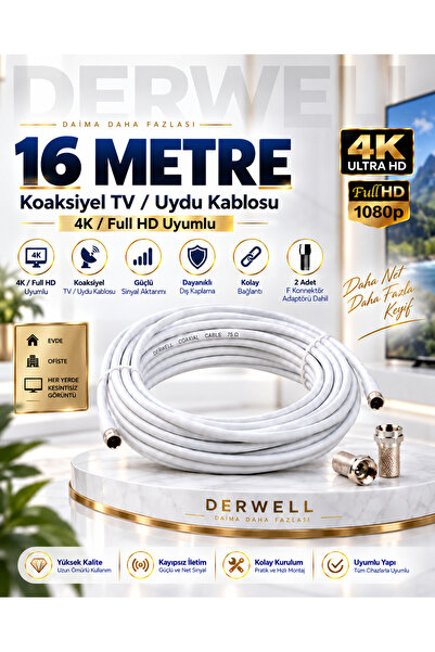 Derwell 16 Metre 4K Full HD Koaksiyel TV Uydu Anten Kablosu Seti - Güçlü Sinyal Aktarımlı Dayanıklı Televizyon Kablosu - Lnb Alıcı Uyumlu Yüksek Kalite Beyaz