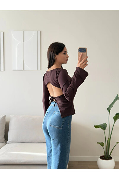 Zoom Butik Sırt Dekolteli Bağlamalı Bluz - KAHVE