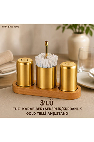 Genel Markalar 3'LÜ TUZ+KARABİBER+ŞEKERLİK/KÜRDANLIK PVD GOLD TELLİ AHŞ.STAND
