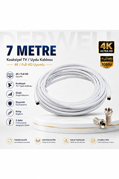 Derwell 7 Metre 4K Full HD Koaksiyel TV Uydu Anten Kablosu Seti - Güçlü Sinyal Aktarımlı Dayanıklı Televizyon Kablosu - Lnb Alıcı Uyumlu Yüksek Kalite Beyaz