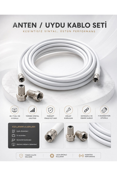 Derwell 12 Metre 4K Full HD Koaksiyel TV Uydu Anten Kablosu Seti - Güçlü Sinyal Aktarımlı Dayanıklı Televizyon Kablosu - Lnb Alıcı Uyumlu Yüksek Kalite Beyaz