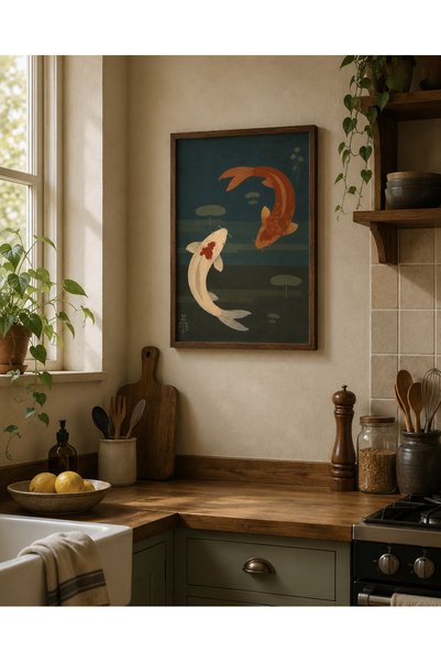 Bourdua Design Koi Balıkları Japon Esintili Çerçeveli Duvar Tablosu | Turuncu...