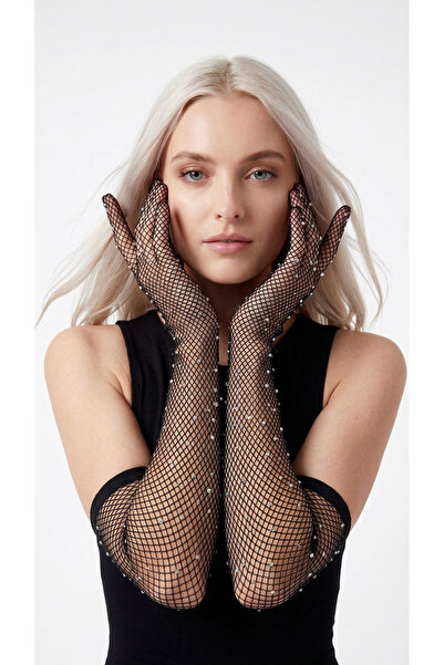 Mortex Black Stone Detailed Long Mesh Women's Gloves – Accessory for Wedding,...
