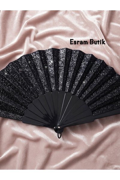 Esram Butik Siyah Simli Yelpaze, Düğün, Kına, Parti, Kostüm Aksesuarı ve Hedi...