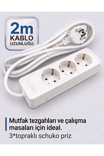 chint 3'lü Topraklı Uzatma Kablosu Grup Priz Beyaz - 2 Metre