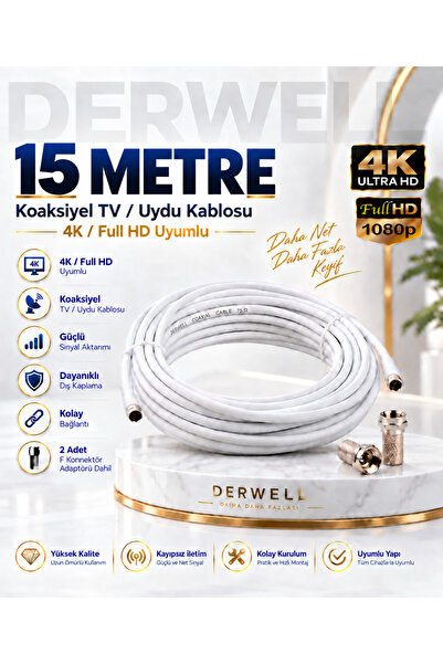 Derwell 15 Metre 4K Full HD Koaksiyel TV Uydu Anten Kablosu Seti - Güçlü Sinyal Aktarımlı Dayanıklı Televizyon Kablosu - Lnb Alıcı Uyumlu Yüksek Kalite Beyaz