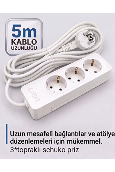 chint 3'lü Topraklı Grup Priz Uzatma Kablosu Beyaz 5 Metre