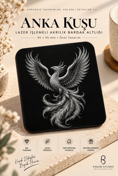 PakerStudio حامل أكواب من الأكريليك محفور بالليزر بتصميم طائر العنقاء (قاعدة ...