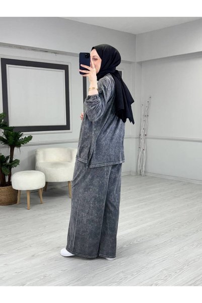 Butik Kardelen Lina Füme Şıklık Penye Takım – Kadın Oversize Rahat Kesim Üst Pantolon İkili Takım