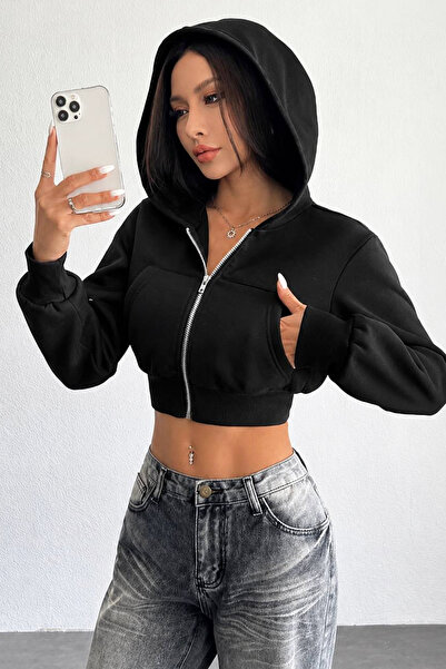 İlayda Toprak Nawly Black Winter Oversize 3 Thread Hooded Thick Sweatshirt wi...