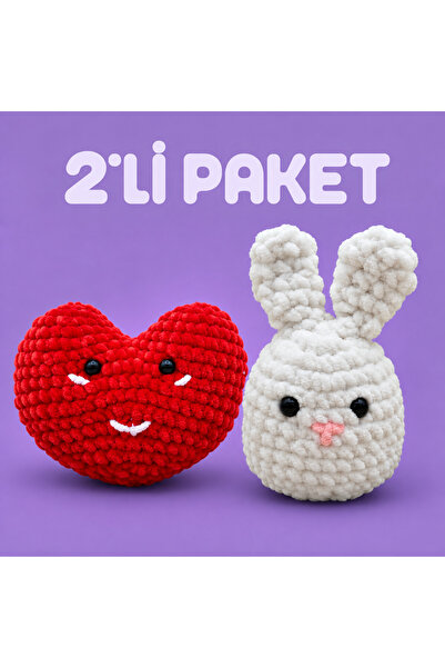 İkili paket Kalp-Tavşan Örgü Kiti Yeni Başlayanlar İçin Videolu Anlatım Amigurumi Örgü Kiti