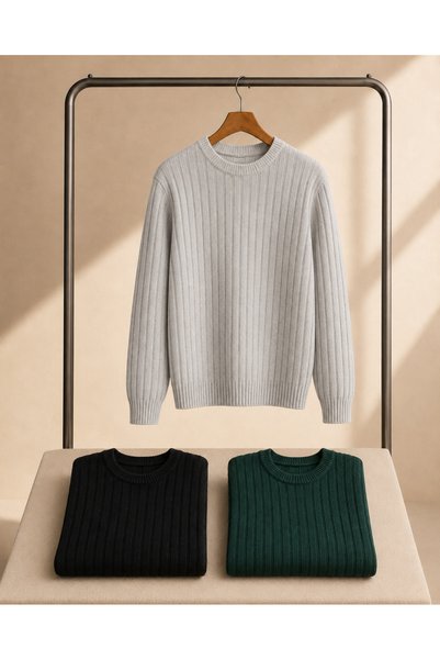 YONEZ MODA Men's Crew Neck Ribbed Knitwear 3-Piece Sweater Pack