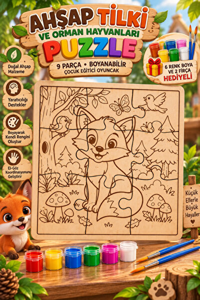 Genç 3D Ahşap Tilki Ve Orman Hayvanları Puzzle 9 Parça Boyanabilir Çocuk Eğit...
