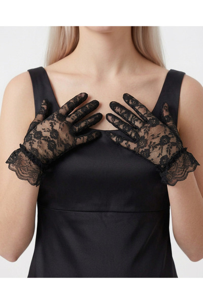 Mortex Black Ankle Elastic Lace Short Women's Gloves – Accessory for Wedding, Engagement, Henna Night, Prom, Event, Party, Costume, Graduation, Bachelorette, and Photo Shoot