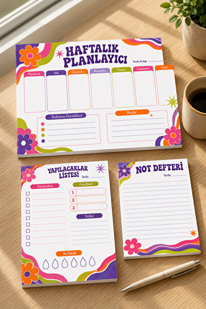 HOPE DİZAYN Groovy Retro Çiçekli 3’lü Planlayıcı Bloknot Seti A4 A5 A6