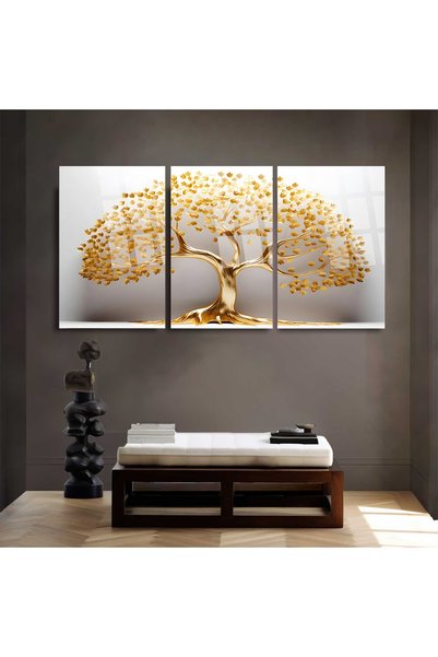Mgi Design Lü Beyaz Arka Altın Ağaç Cam Tablo | Modern Sanat Tablosu | UV Bas...