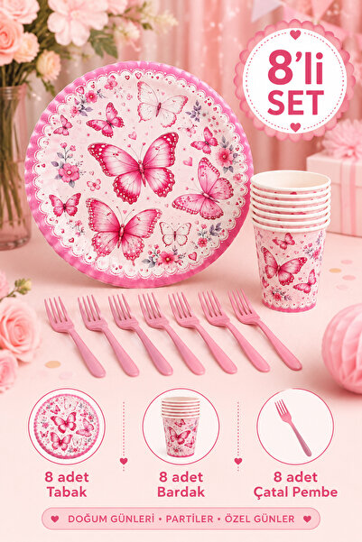 Baloncu Nene Pembe Kelebek Temalı Doğum Günü Parti Seti 8 Kişilik 24 Parça Ka...