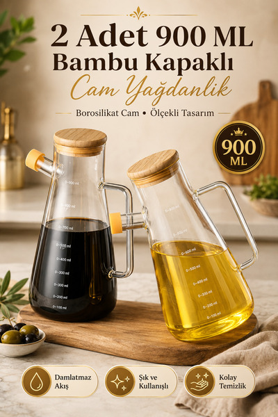 House Bird 2 Adet 900ml Bambu Kapaklı Borosilikat Cam Yağdanlık Sirkelik Ölçe...